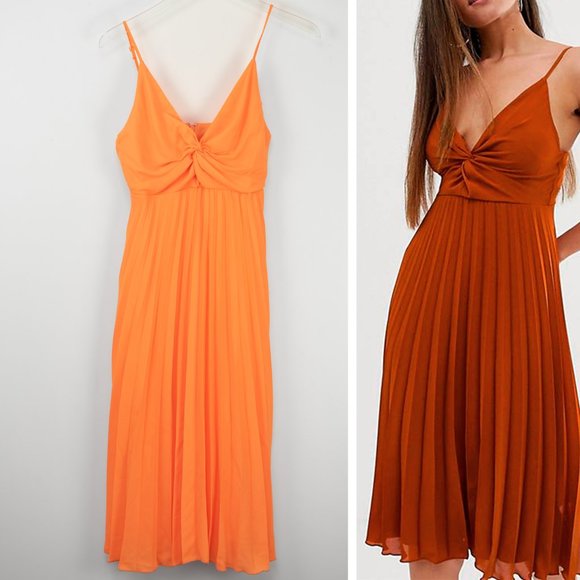 ASOS Dress Pleated Skirt Twist Front Cami Midi Sleeveless Orange Size 4 New - Picture 1 of 6